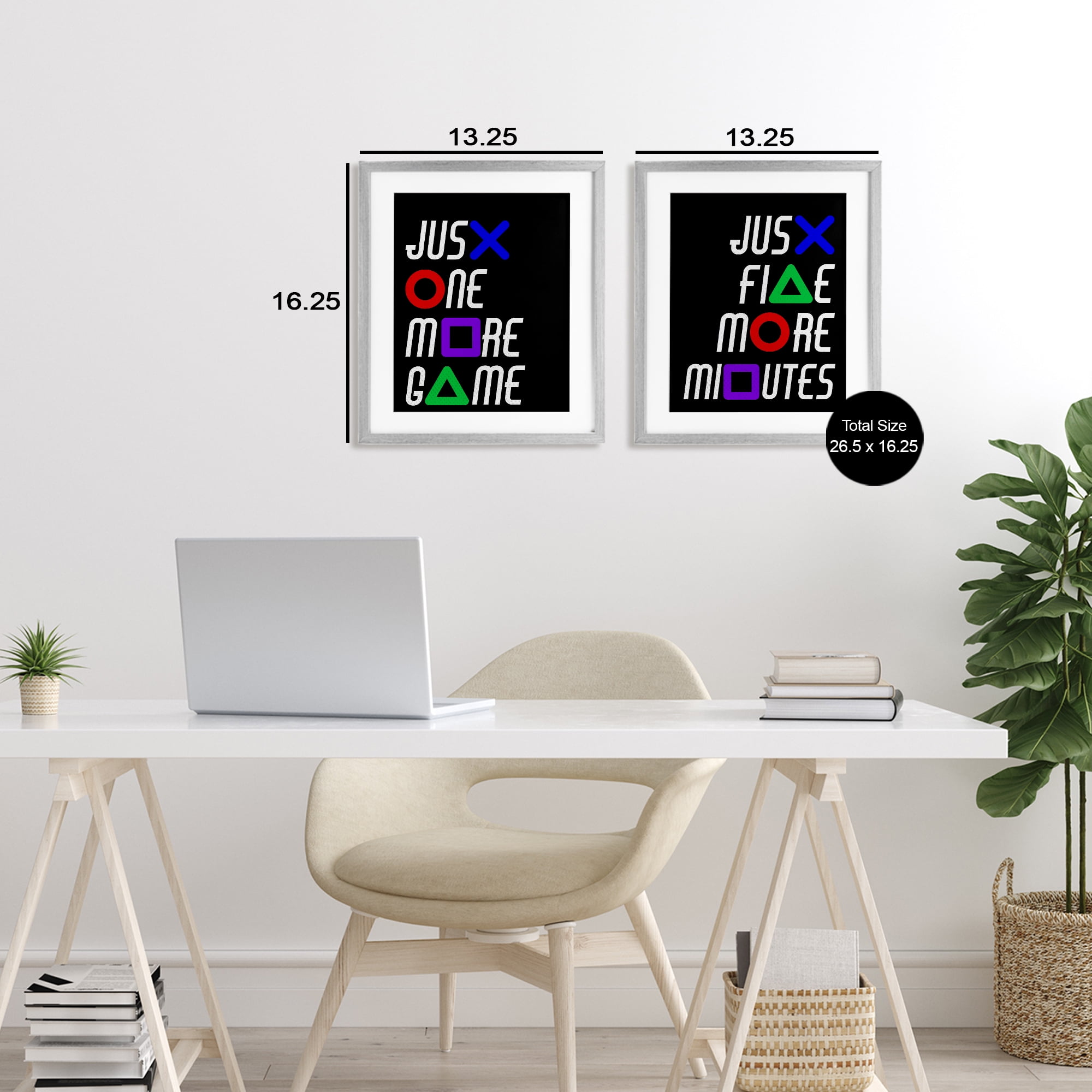 Gamer Button Symbols Phrases 2 Piece Gray Framed Print Under Glass Set, design by Kim Allen