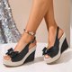 thumbnail image 5 of Sandalias de Cuña de Estilo de Tacones Azul Claro Denim con Arco de Strass, Zapatos Casuales de las Mujeres Más Tamaño Peep Toe Correa de Tobillo Primavera Verano, 5 of 9