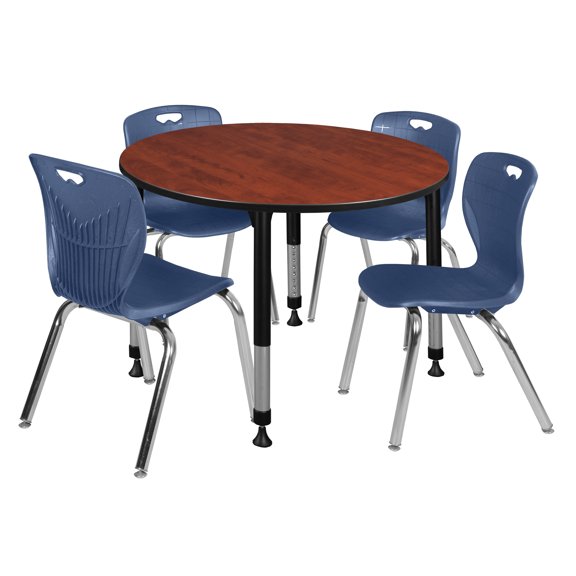 Kee 48in. Round Adjustable Mobile Table-Cherry& 4 Andy 18-in Chairs-Blue