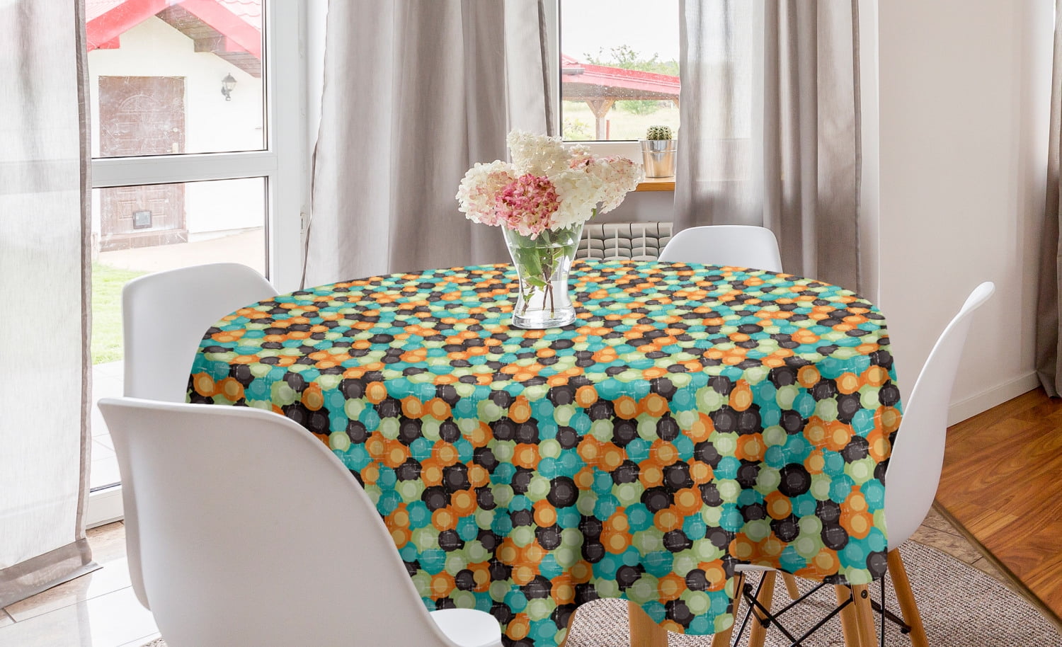 Geometric Round Tablecloth, Grunge Colorful Circles with Hazy Effects