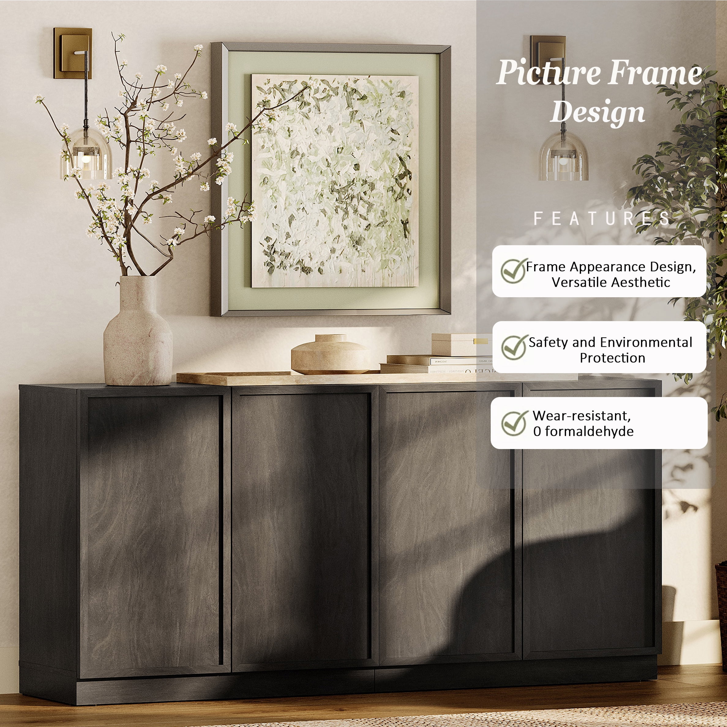 WAMPAT Modern TV Stand for TVs Up to 70", 2-in-1 Entertainment Center TV Console with 4 Doors and Adjustable Shelf, Wooden Media Console Cabinet for Living Room, Bedroom, Black