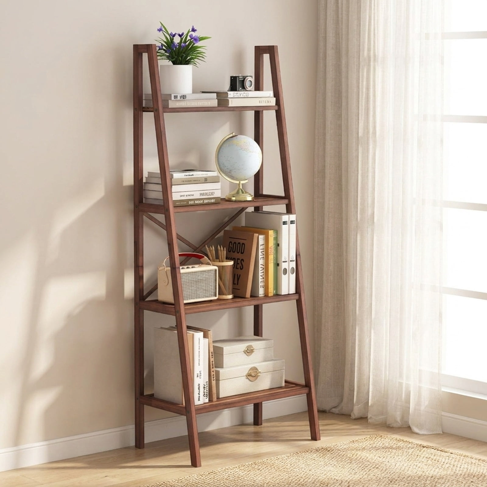 Furnibear 58 Inch 4-Tier Bamboo Ladder Bookshelf for Living Room Home Office Bedroom Display Storage Shelf, Walnut