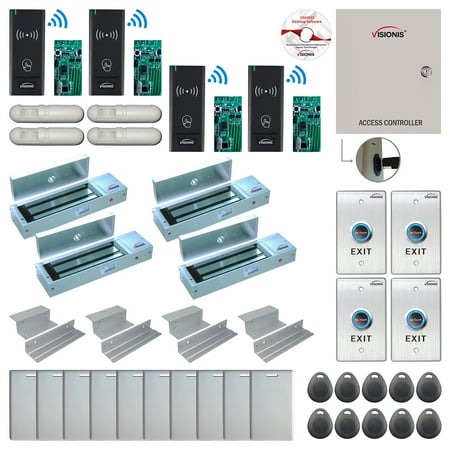 

FPC-9009 Four Door Access Control Time Attendance TCP/IP RS485 Wiegand Controller Box + In Swinging Door 1200lbs Maglock + Outdoor Wireless Card Reader + Wireless Receiver PCB + PIR Motion Detector