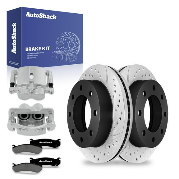 AutoShack Front Drilled & Slotted Brake Rotors Premium Ceramic Brake Pads Calipers | Replacement for GMC Sierra 1500 Classic Chevrolet Silverado 1500 V8 | E-Coated | 8-PC Brake Kit | ShadowGuard