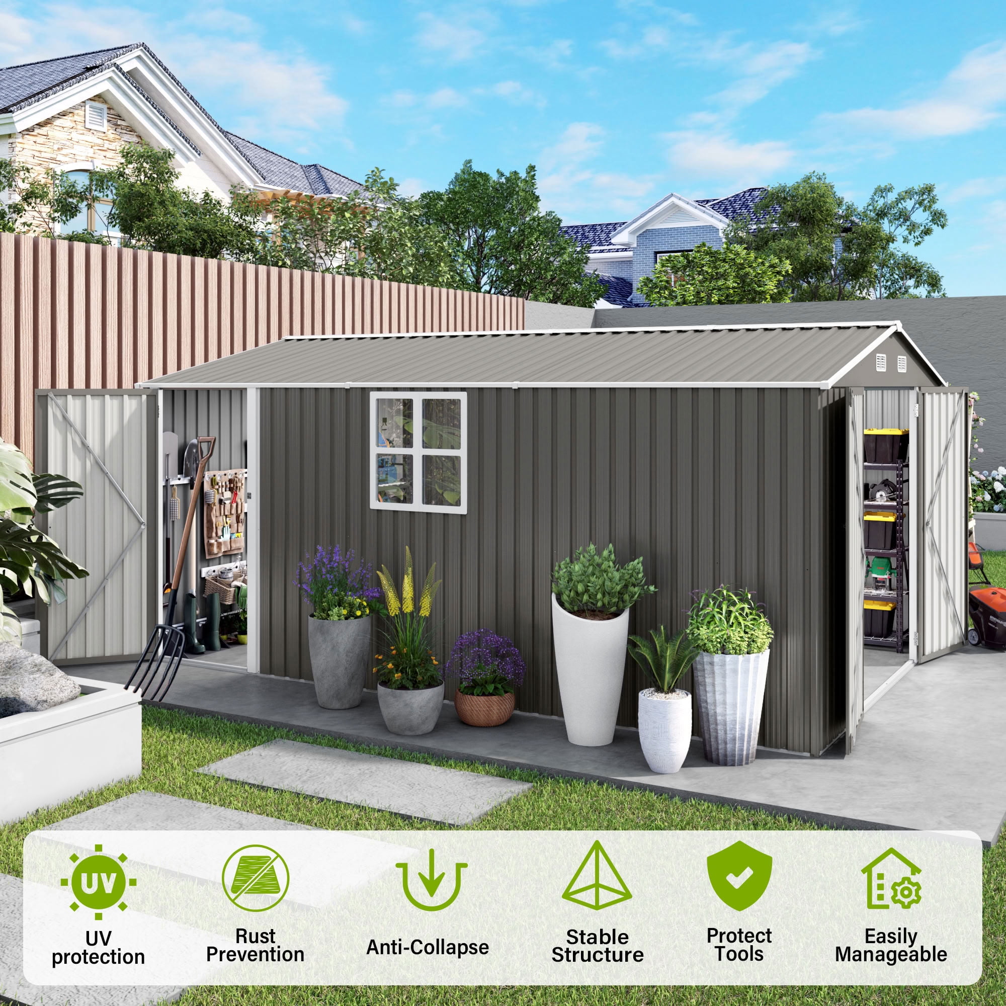 MAYEERTY 10x14 FT Large Metal Outdoor Storage Shed, Galvanized Steel Tool Shed with 3 Lockable Doors, Window & Waterproof Roof