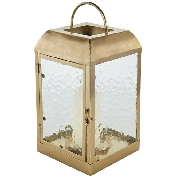DecMode Gold Metal Candle Lantern with Pebbled Glass