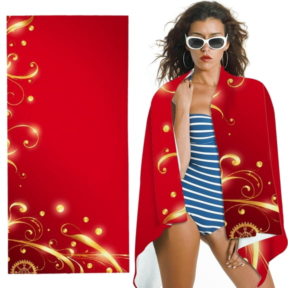 RKSupls Red Gold Floral Microfiber Beach Towel, Extra Large Quick Dry Lightweight Absorbent Towel for Travel Swimming Camping, Soft Super Absorbent- 30x60 in