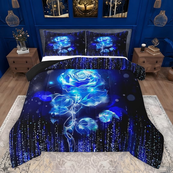 Feelyou Romantic Rose Floral Full Size Comforter Sets for Couple, Happy Valentine's Day Bedding Comforter Set, Modern Fashion Stripes Reversible Bedding Sets, Ultra Soft Bedroom Decor, 3-Piece
