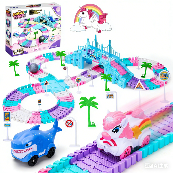 194-Piece Car Track Building Set for Girls Ages 3-5 | Shark & Unicorn Themed Race Track Toy | Educational Gift for 4-6 Year Olds | Ideal Birthday Present for Girls 3-9