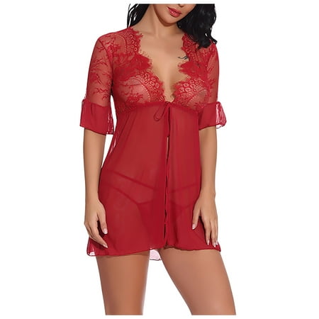 

DORKASM Womens Lace Eyelash Chemise Sexy Teddy Babydoll Nightgown Deep V Neck Lingerie with Thong Red 2XL