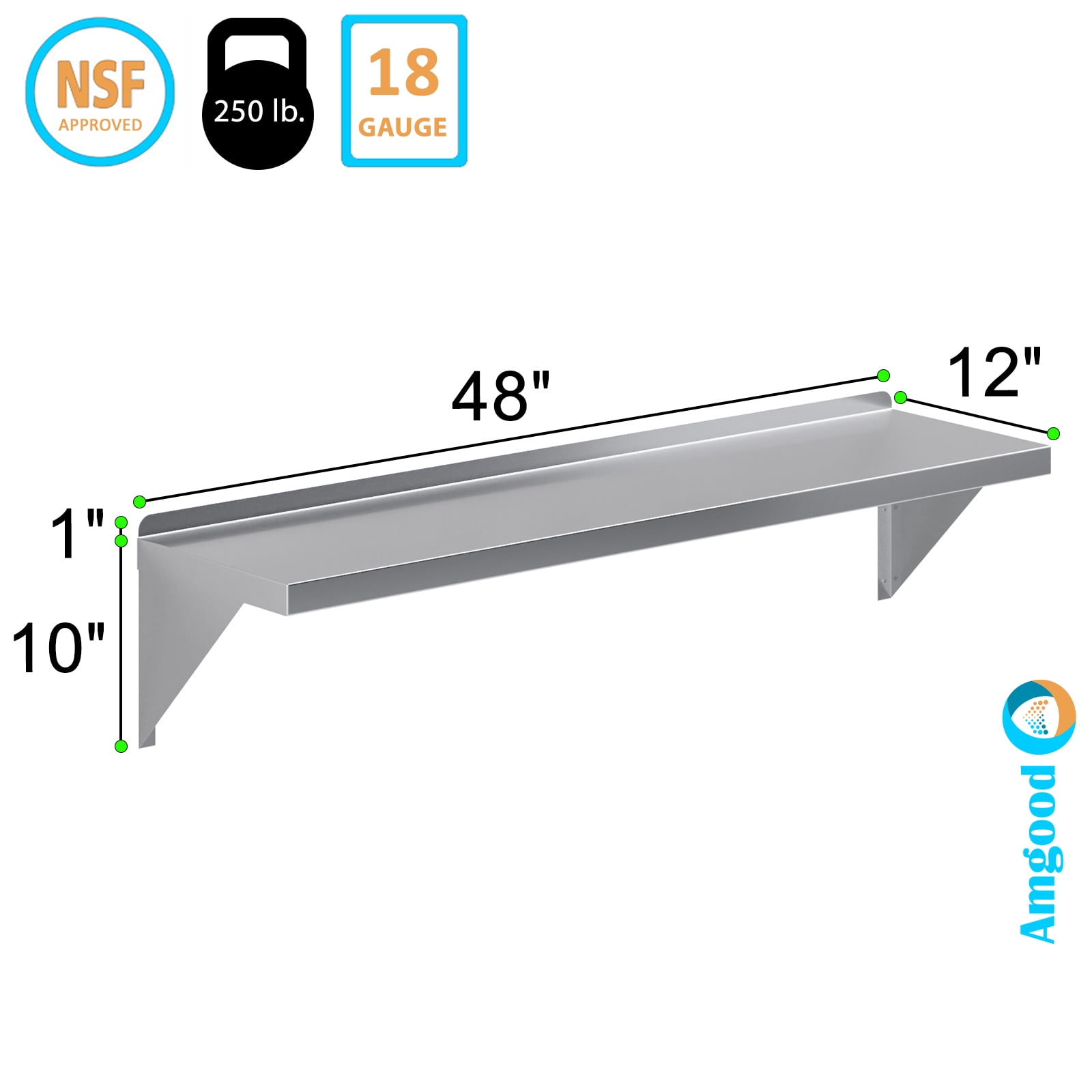 AmGood 12" Width x 48" Length | Stainless Steel Wall Shelf | Square Edge | Metal Shelving | Heavy Duty | Commercial Grade | Wall Mount | NSF Certified
