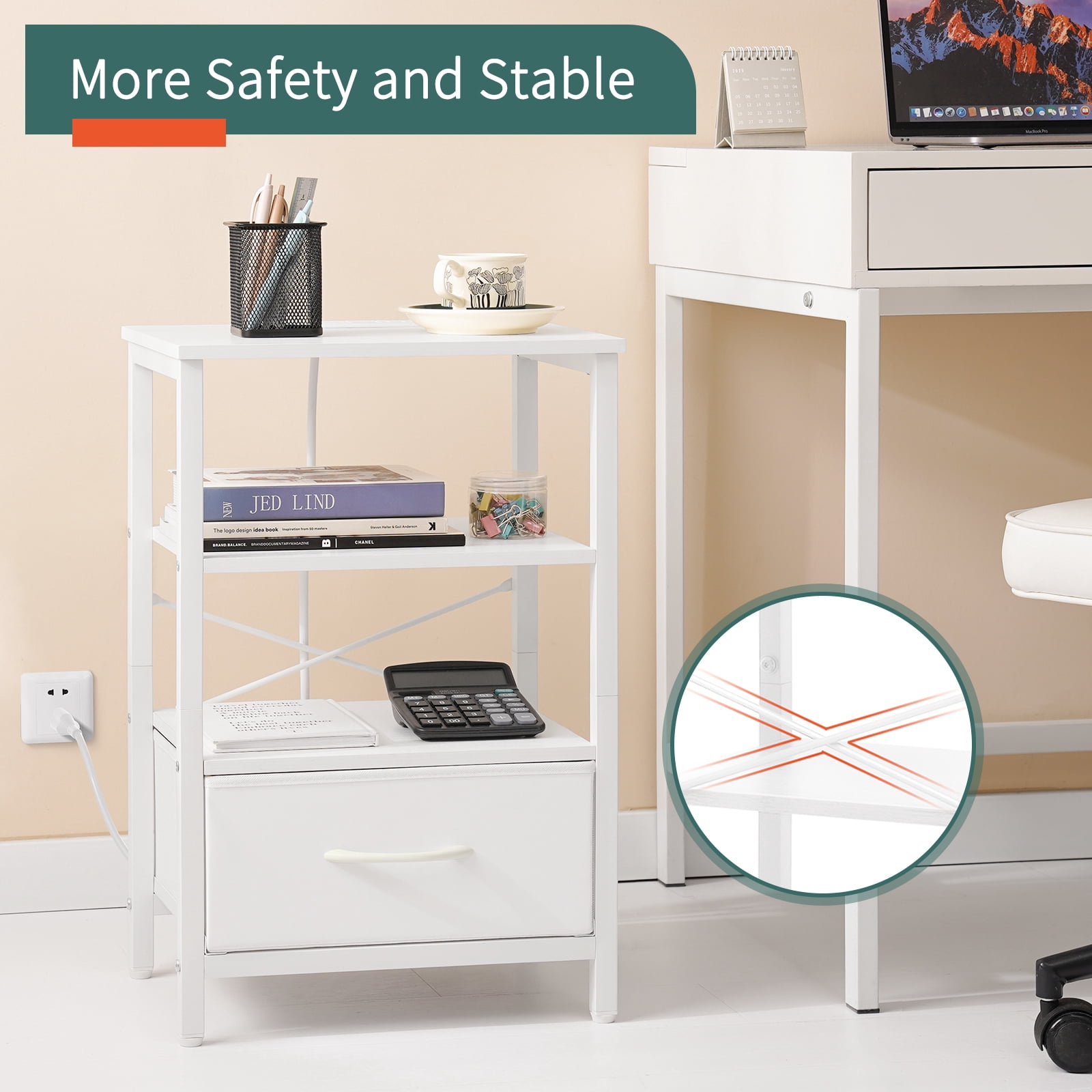 Yoobure LED Nightstand with Charging Station, End Tables with Adjustable Fabric Drawer for Bedroom Living Room,White