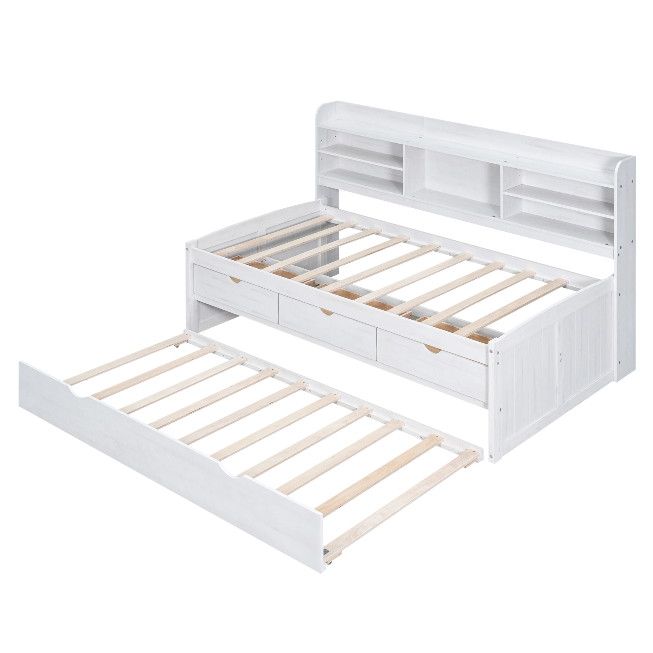 Noble House Savoy Twin Size Wooden Captain Bed with Bookcase Headboard and Trundle, Storage Drawers, White Washed
