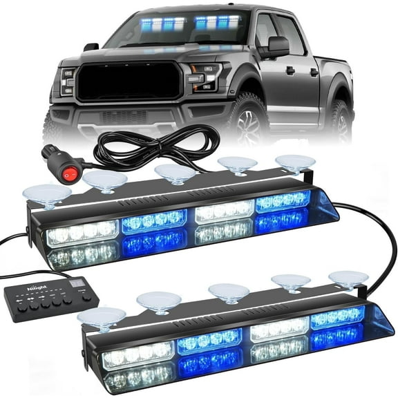 Nilight 32Led Blue White  Strobe Lights with Controller Suction Cups Warning Hazard Interior Front/Rear Windshield Deck Split Light Bar