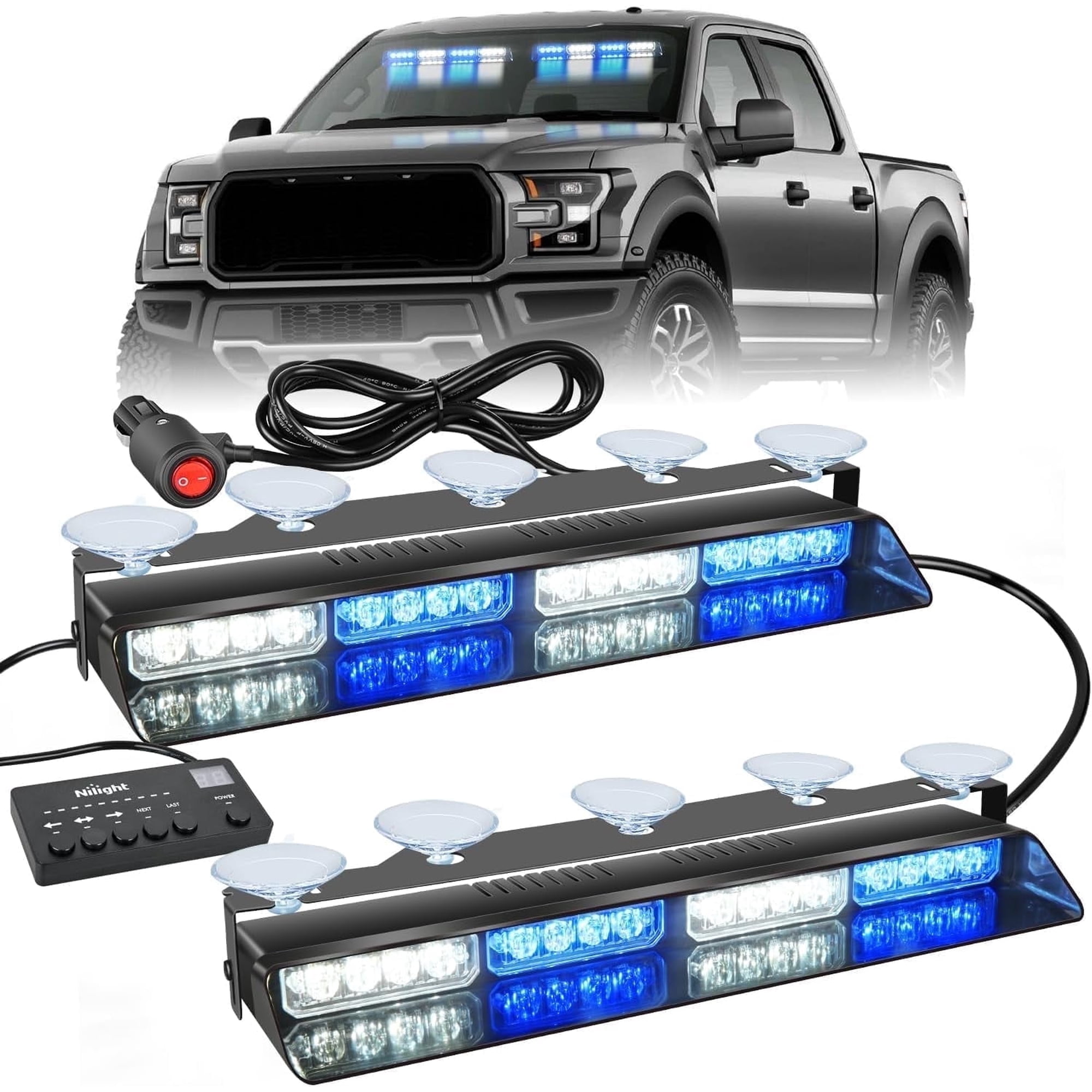 Nilight 32Led Blue White Strobe Lights with Controller Suction Cups Warning Hazard Interior Front/Rear Windshield Deck Split Light Bar