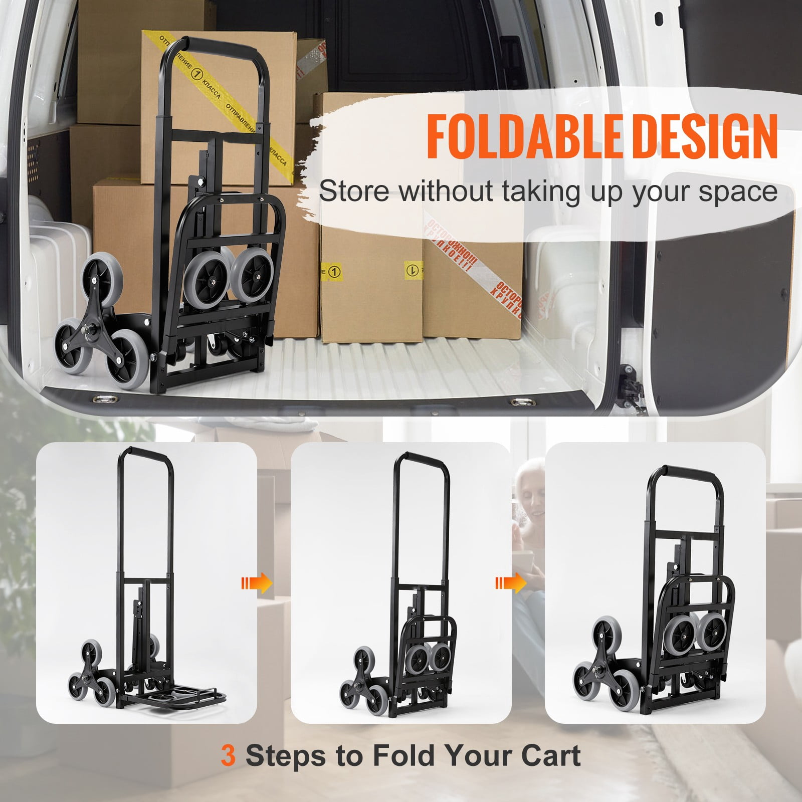 BENTISM Stair Climbing Cart 375lbs Capacity, Portable Folding Trolley with 10 Wheels, Stair Climber Hand Truck with Adjustable Handle for Pulling, All Terrain Heavy Duty Dolly Cart for Stairs