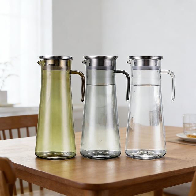 Jarra de agua fría a rayas acrílicas de plástico PC con tapa de acero inoxidable, gris marrón transparente, resistente al calor 1000ml 1200ml 1500ml para zumo de té helado