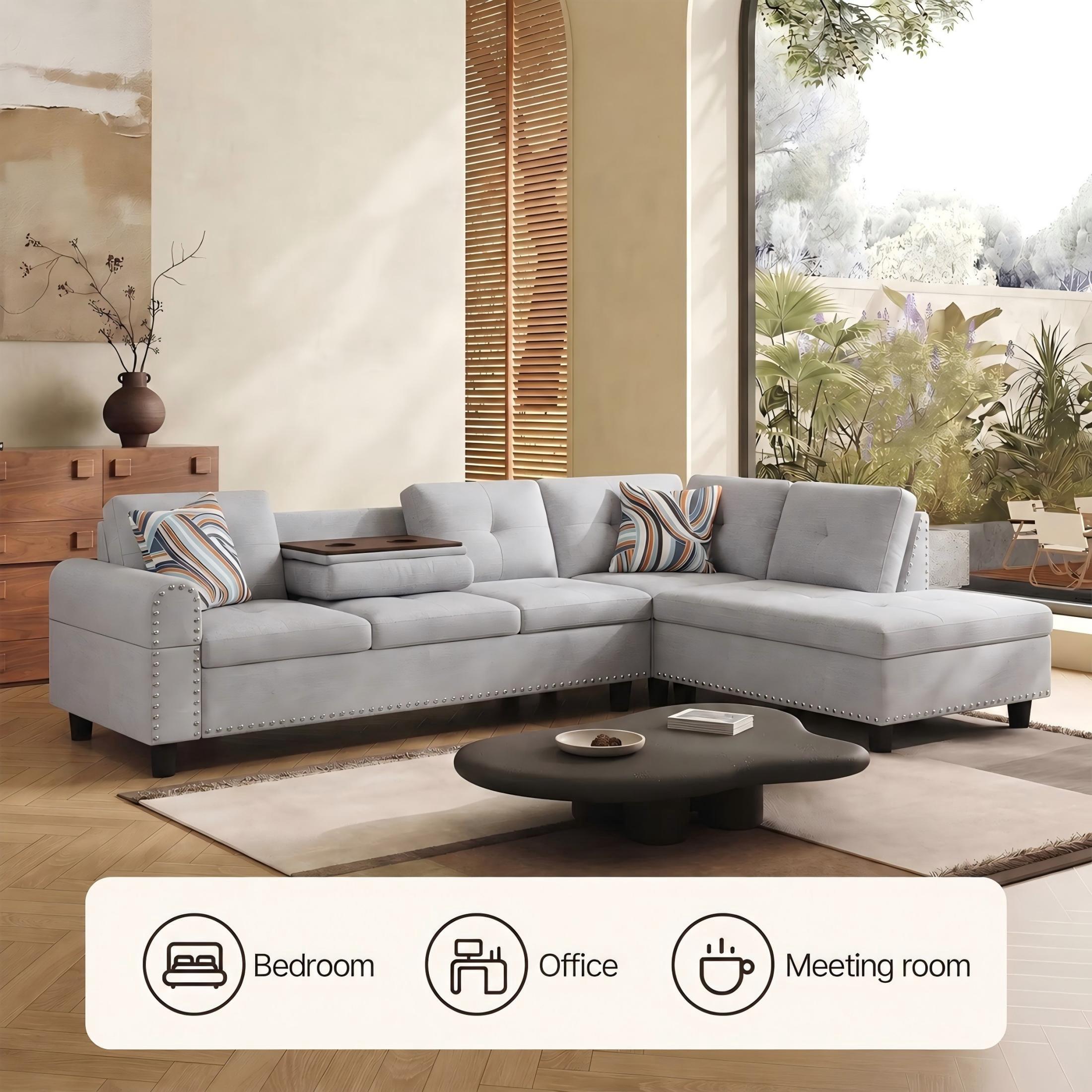 AENKYO 98" L-Shaped Sectional Sofa with Reversible Chaise and Cup Holders, Flannel, Light Gray