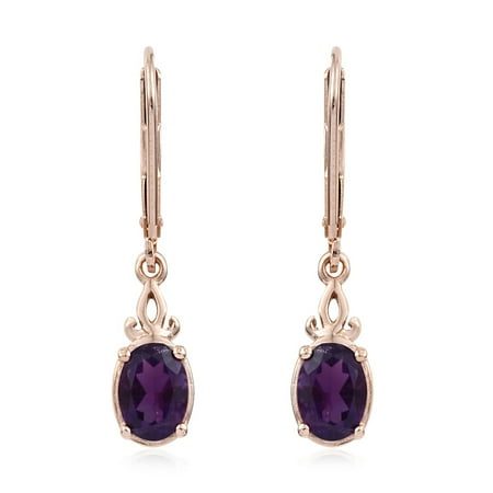 - 925 Sterling Silver 14K Rose Gold Plated Oval Amethyst Dangle Lever Back Earrings Cttw 1
