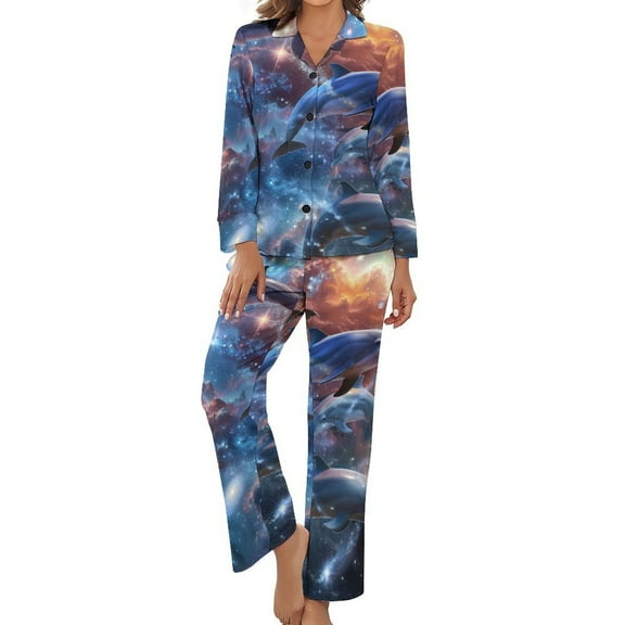 Dolphins Galaxy Women's Long Sleeve Flannel Pajama Set Sleepwear L