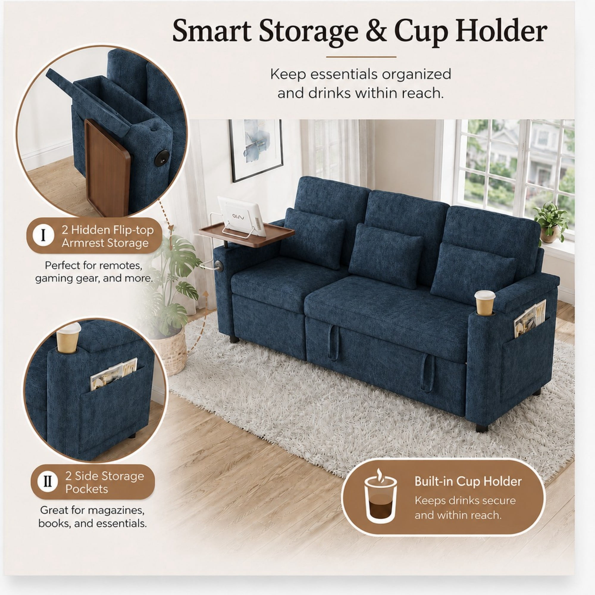DEALTOPS 81" Chenille Pull-Out Sleeper Sofa Bed with Recliner, Tray Table, USB Ports & Storage, Blue