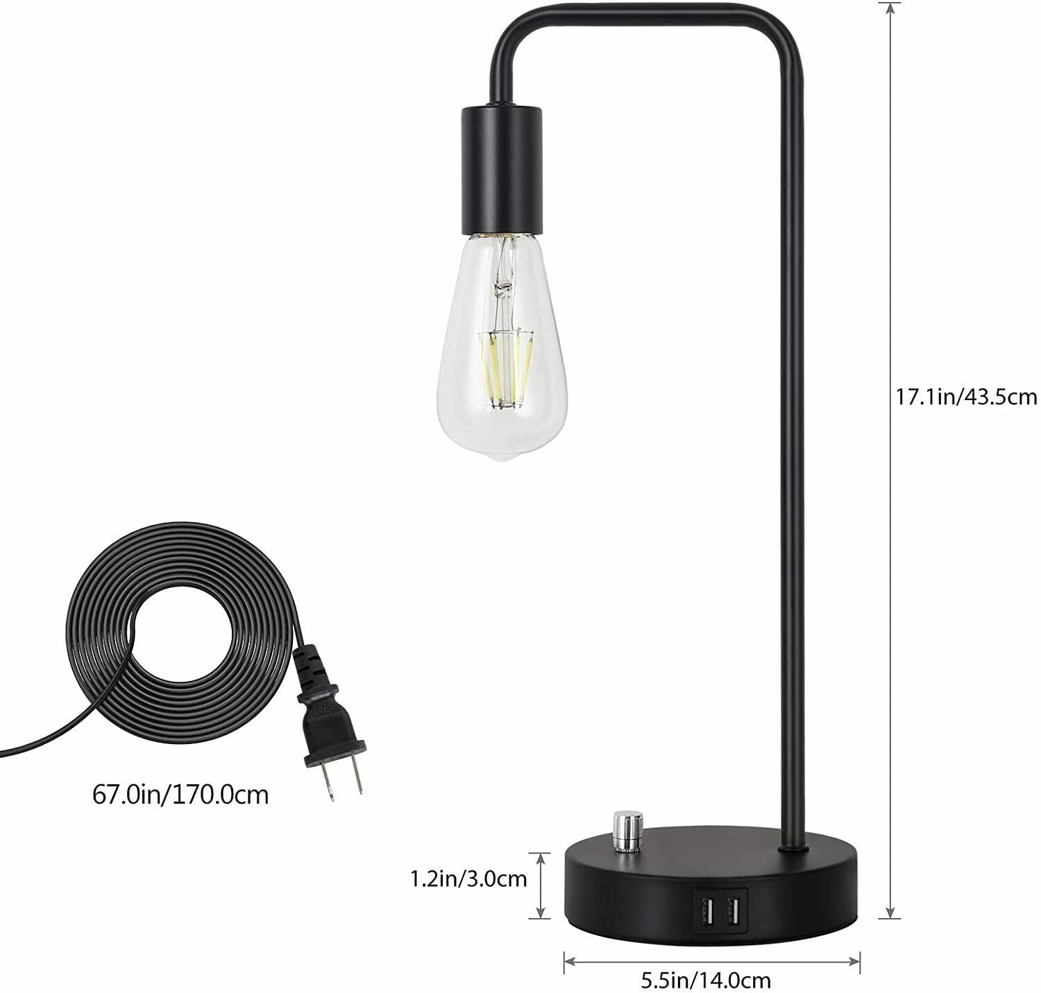 Industrial Bedside Table Lamp with 2 USB Charging Ports, Black