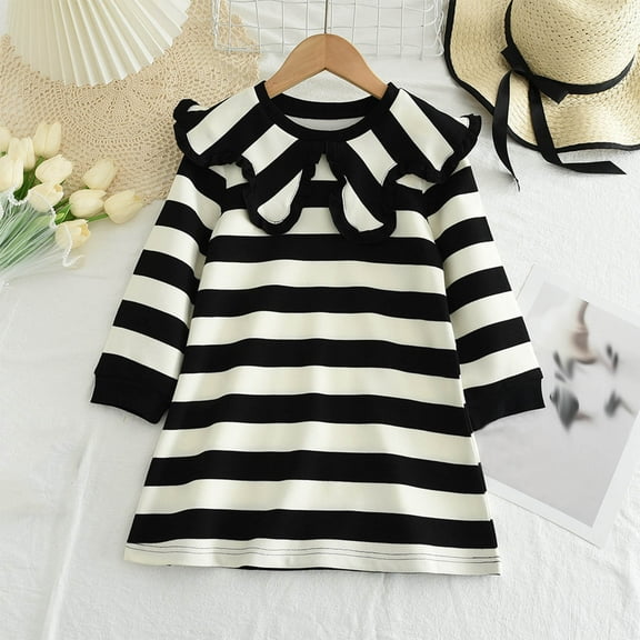 HOMADLES Little Girls Long Sleeved Dresses Lapel Stripe Stretch Soft Clothing for Girls Dress Black 6-7T