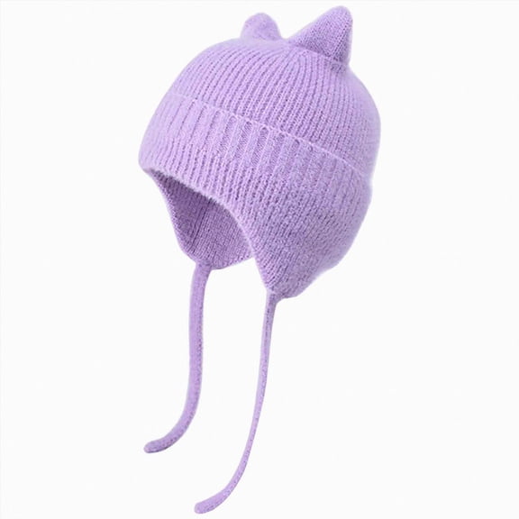 NOLDARES Kids Beanie Hat for Winter with Earfalp Children Cute Cat Ears Toddler Girls Boys Warm Wool Knit Ear Flap Cap(K134-Purple)