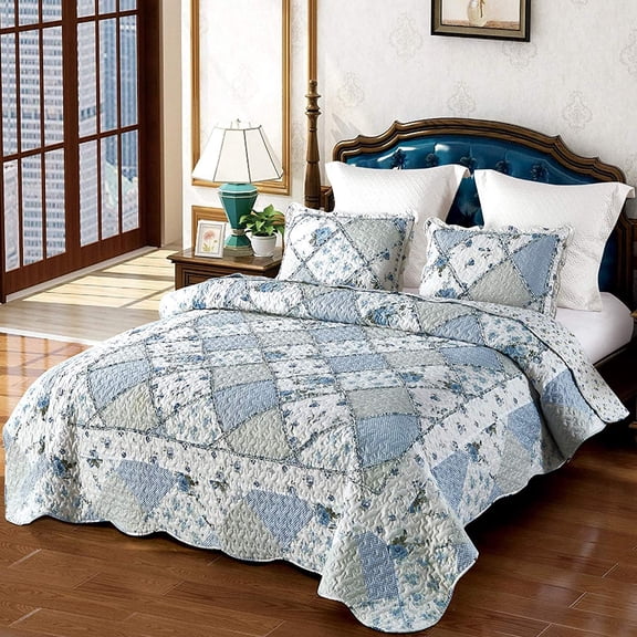 Blue Floral Patchwork Quilt Set, Full Queen Size, 3 Piece Bedding Set with 2 Pillowcases | 3-Piece Rversible Quilted Bedspread Coverlet Set