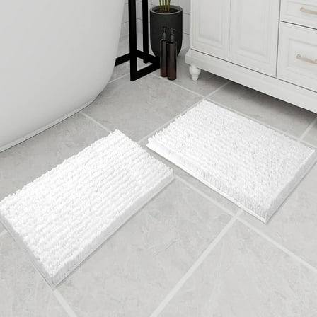 2 Piece Set White Soft Cozy Plush Chenille Bath Mat Bathroom Rug