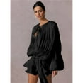thumbnail image 6 of Elegant Ruffle Short Dress for Women Pleated Lantern Long Sleeve Lace Up Tie Waist Bohemian Beach Dresses Black XL, 6 of 8