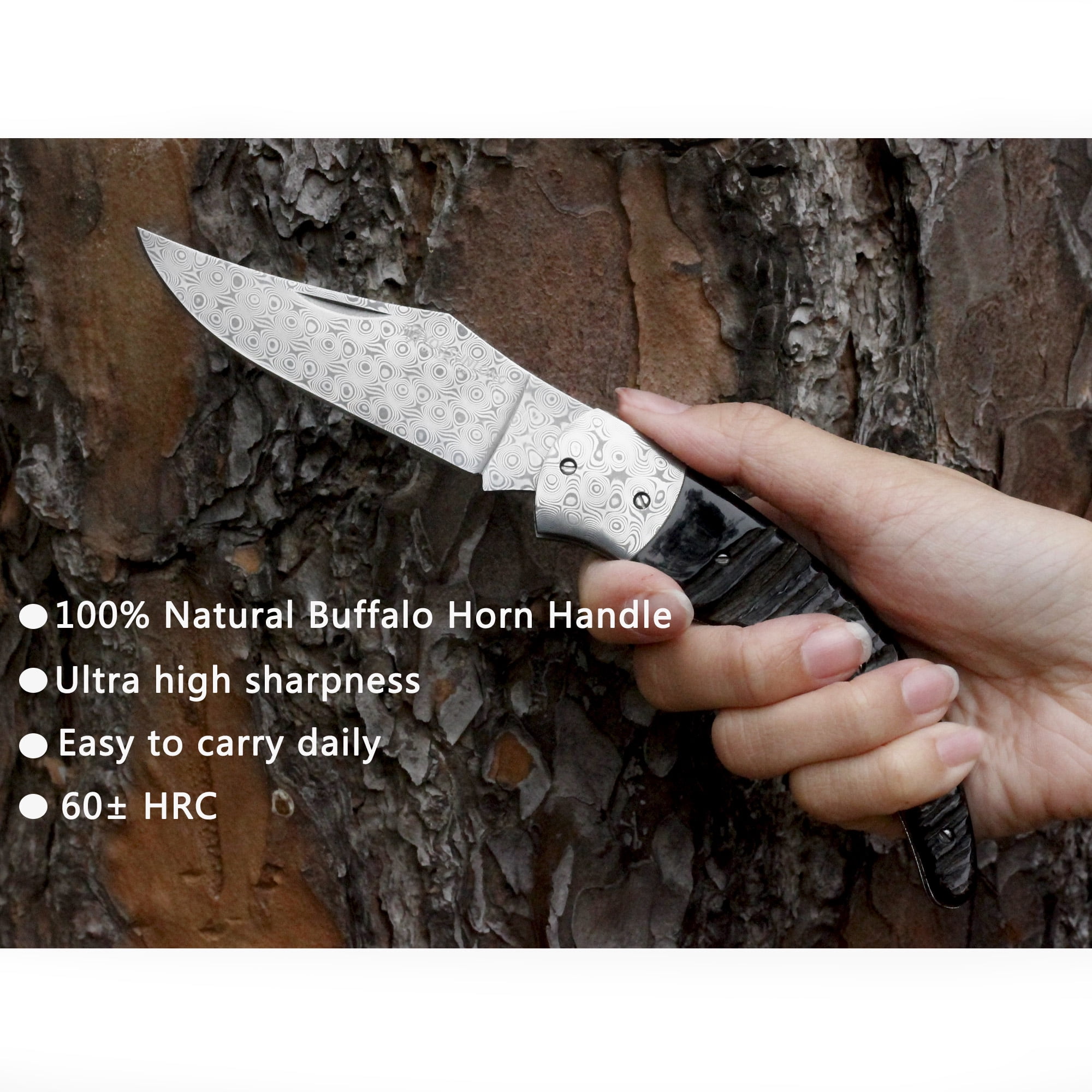 YOUSUNLONG Pocket Knife - Camping Knife Overall 205mm Damascus Steel Black Buffalo Horn Handle