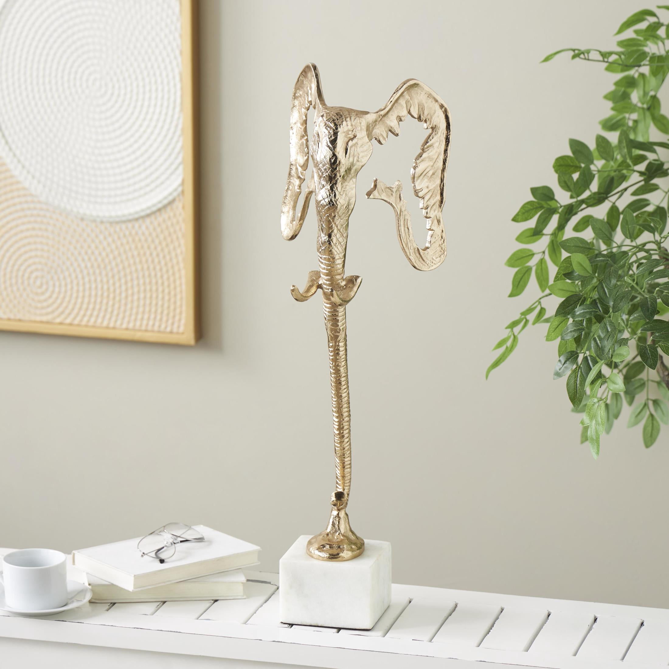9" x 27" Gold Aluminum Metal Tall Cutout Silhouette Elephant Sculpture with Marble Base, by DecMode