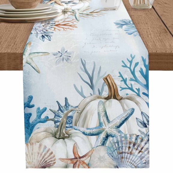 nqOlkjepod Thanksgiving Coastal Table Runner 90 Inches Long Farmhouse Dress Scarves, Blue White Pumpkin Starfish Coral Dining Tablerunner for Coffee Table/Kitchen Island/Party Décor, 13" x 90"