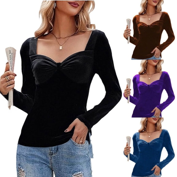 Kinrui Womens Velvet Tops Business Casual Long Sleeve Shirts Sweetheart Neck Slim Fit Soft Stretch Tees Work Blouses Black,L