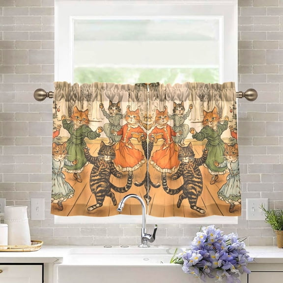 Yayeee Kitchen Curtains Tier Pair Light Filtering 27"x36" Rod Pocket Short Cafe Window Panel, Cats in Party