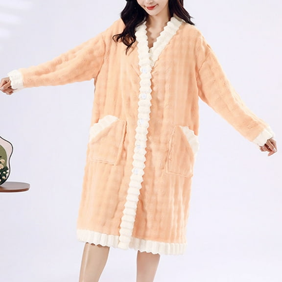 ylioge Womens Button-Down Robes with Pockets Fleece Long Sleeve V Neck Bathrobes Ladies Casual Color Block Mid Length Thermal Warm Homewear Bath Robe