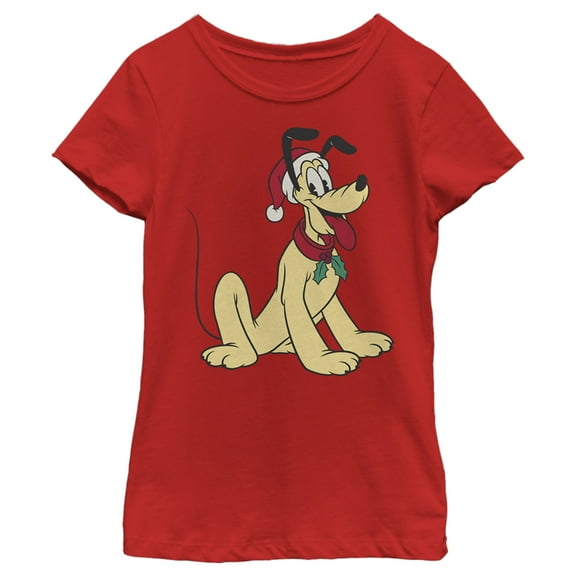 Girl's Mickey & Friends Pluto Smile With Santa Hat Graphic Tee Red X Small