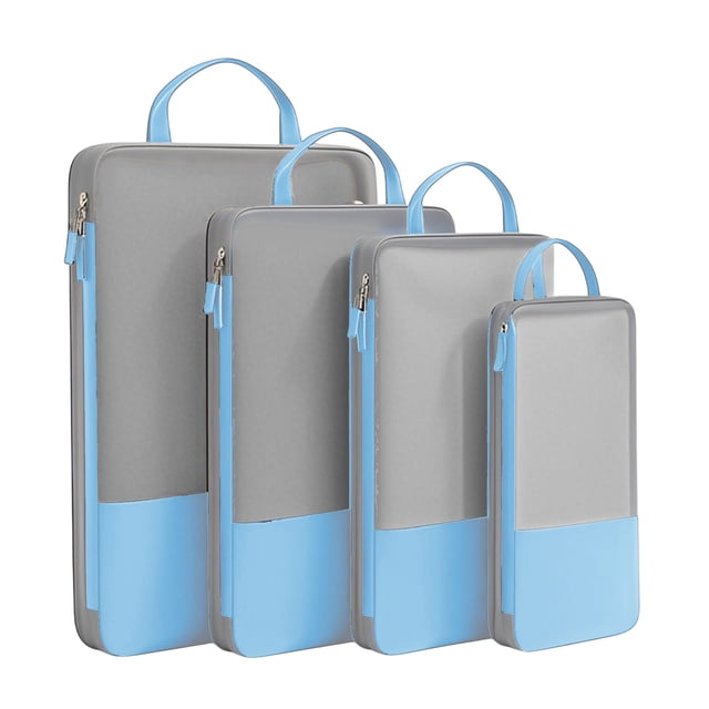 Juego de 4 cubos de compresión para viaje. Compresibles, ligeros y compactos. Imprescindibles de viaje para mujeres. Azul cielo.