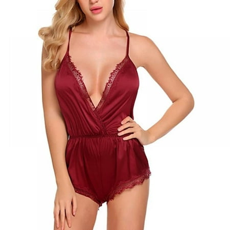 Baywell Women Satin Lingerie Bodysuit Teddy One Piece Lace Babydoll Short Pajamas Red S-2XL