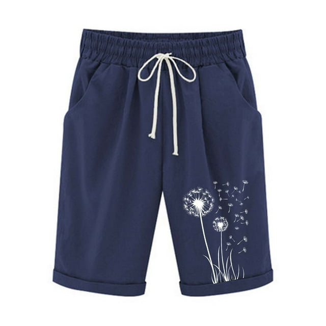 Women's Linen Summer Shorts Casual Bermuda Wide Leg Mid Length High Waisted Drawstring Dandelion Print Short With Pocket B-Navy