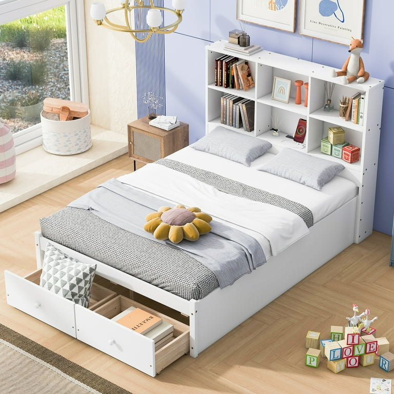 ベッドフレーム 160cm bed frame with drawers Kacho Full Size Platform Bed with Storage Headboard, Charging