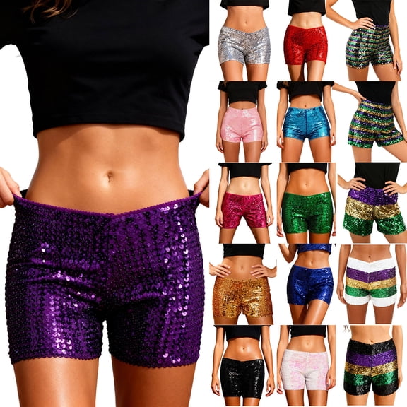QATAINLAV Blue Women Sparkly Sequin Shorts Glitter Elastic High Waisted Straight Leg Shorts Festival Party Outfits