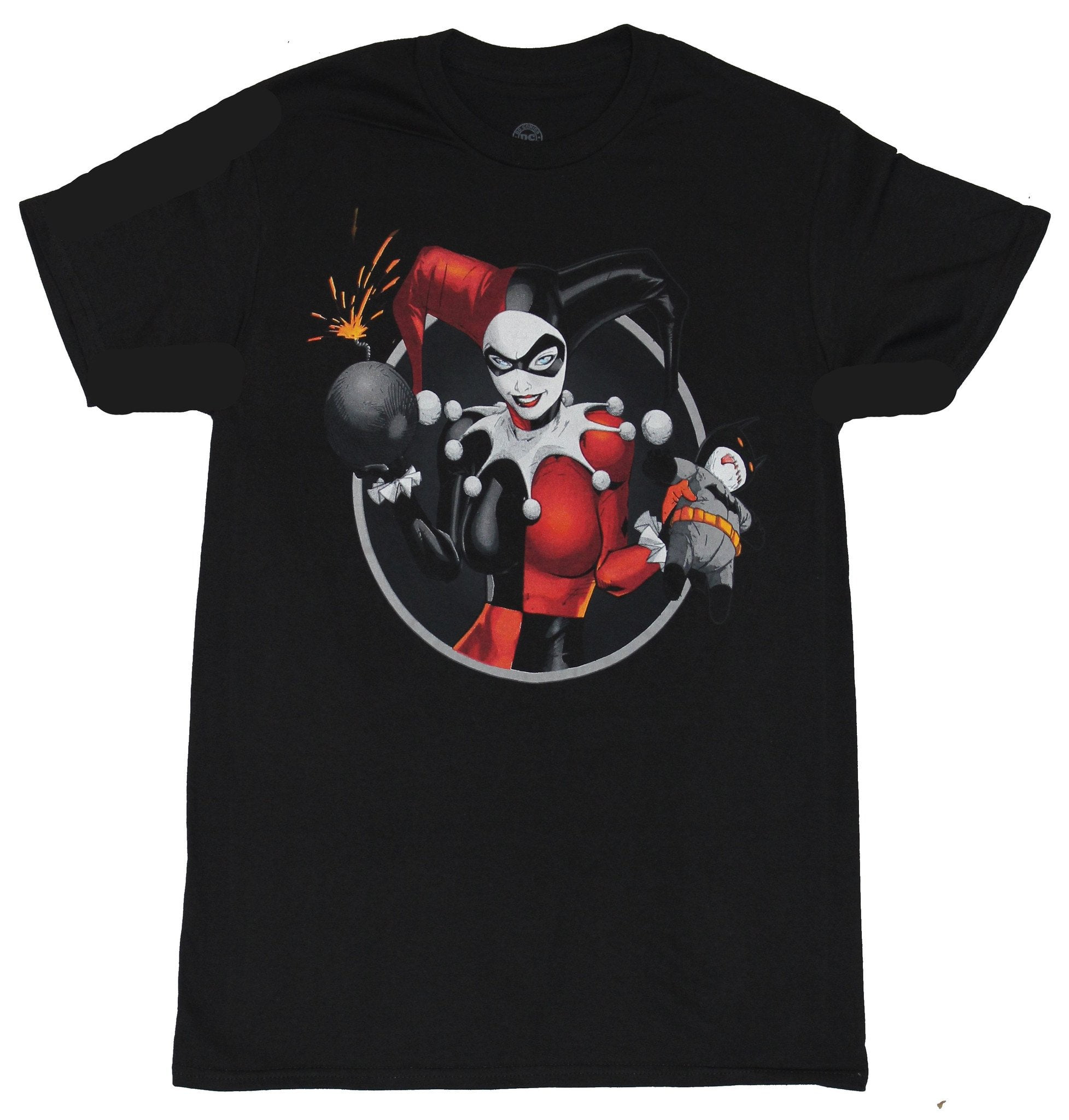 DC Comics Harley Quinn (DC Comics) Mens TShirt Holding a Bomb and A Voodoo Batman Image