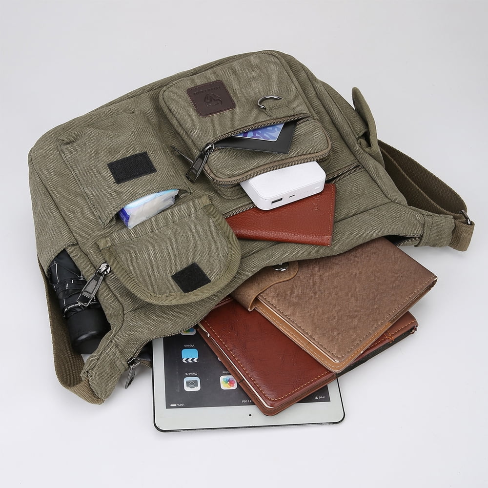 LEBULLBRO Canvas Messenger Bag for Mens Womens Multi-pockets 13 inch Laptop Shoulder Sling Bags School Crossbody Bags Travel Green