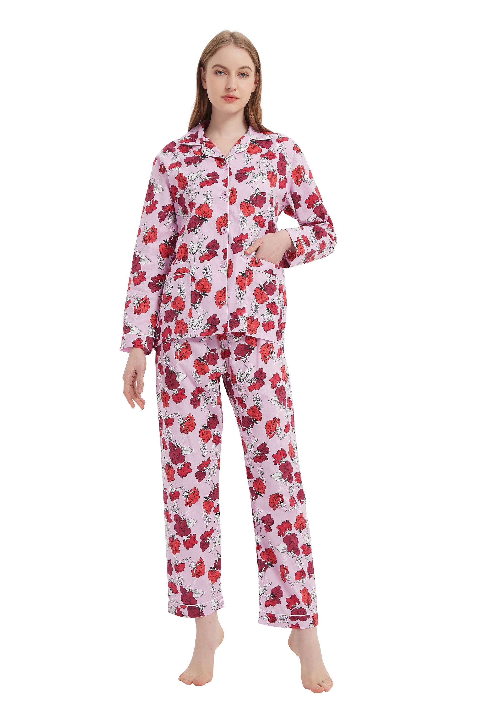 GLOBAL Womens Pajamas Set 100% Cotton Womens PJs Drawstring Sleepwear ...