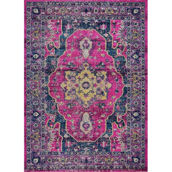 LaDole Rugs Pink Blue Indoor/Outdoor Persian Area Rug, 5'2' x 7'5', for Patio, Lawn, Balcony, Living Room, Bedroom, Kitchen, Dining Area
