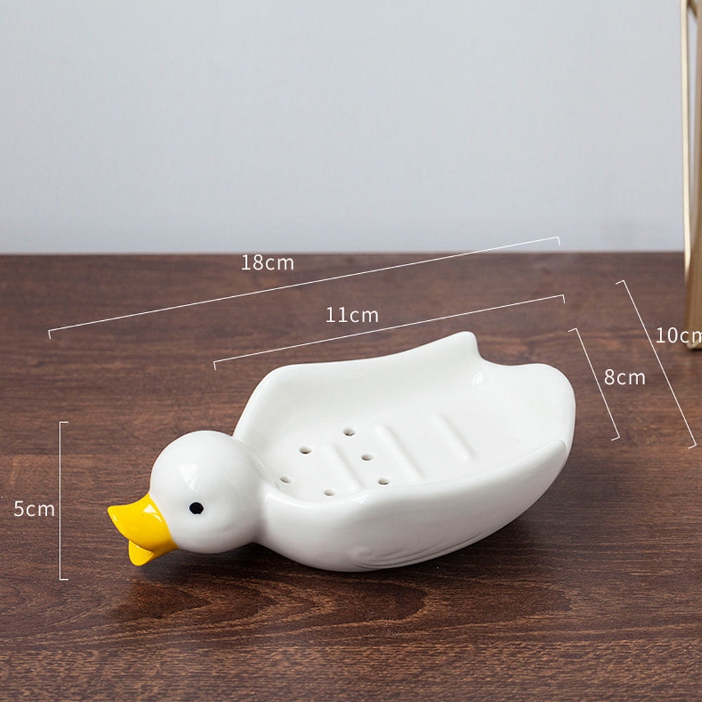 Duck Soap Dish, Cute Duck Beak Drain, Ceramic, White Box Holder