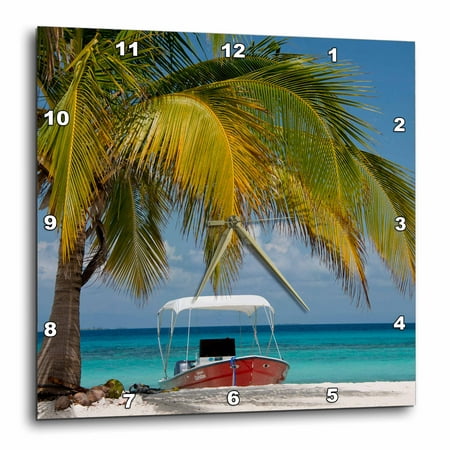 3dRose Belize, Stann Creek District. Laughing Bird Caye NP. Red boat on beach, Wall Clock, 13 by