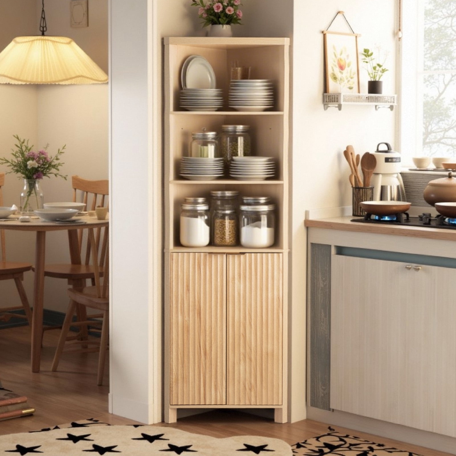 Ktaxon Corner Bathroom Cabinet with Fluted Double - doors, 5 - Tier Freestanding Storage, Oak